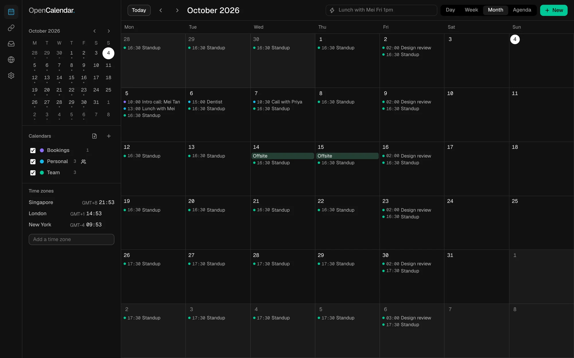 OpenCalendar’s month view for October 2026 in dark mode: a mini calendar, three calendars and the clocks of Singapore, London and New York in the sidebar, and a month of events including a booked intro call.