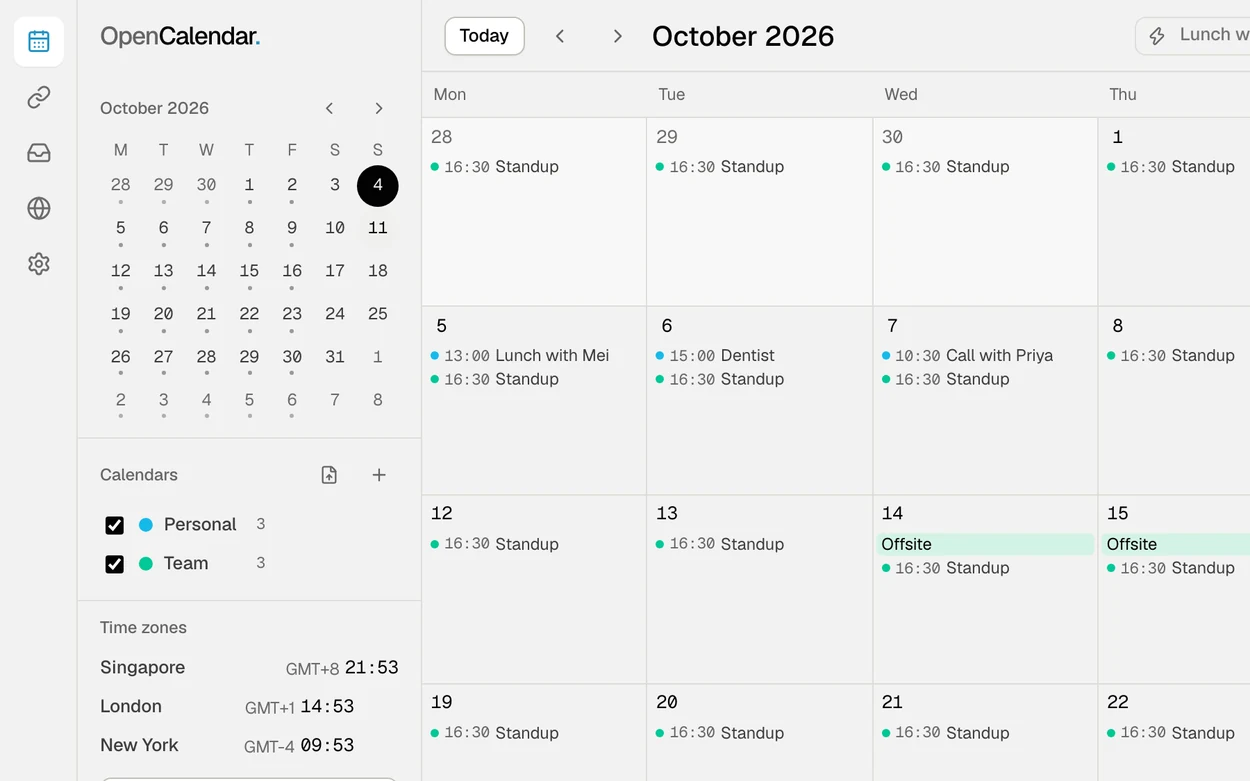 The left of the month view: a mini calendar, two calendars named Personal and Team ticked in the sidebar, three world clocks, and the first days of October with their events.