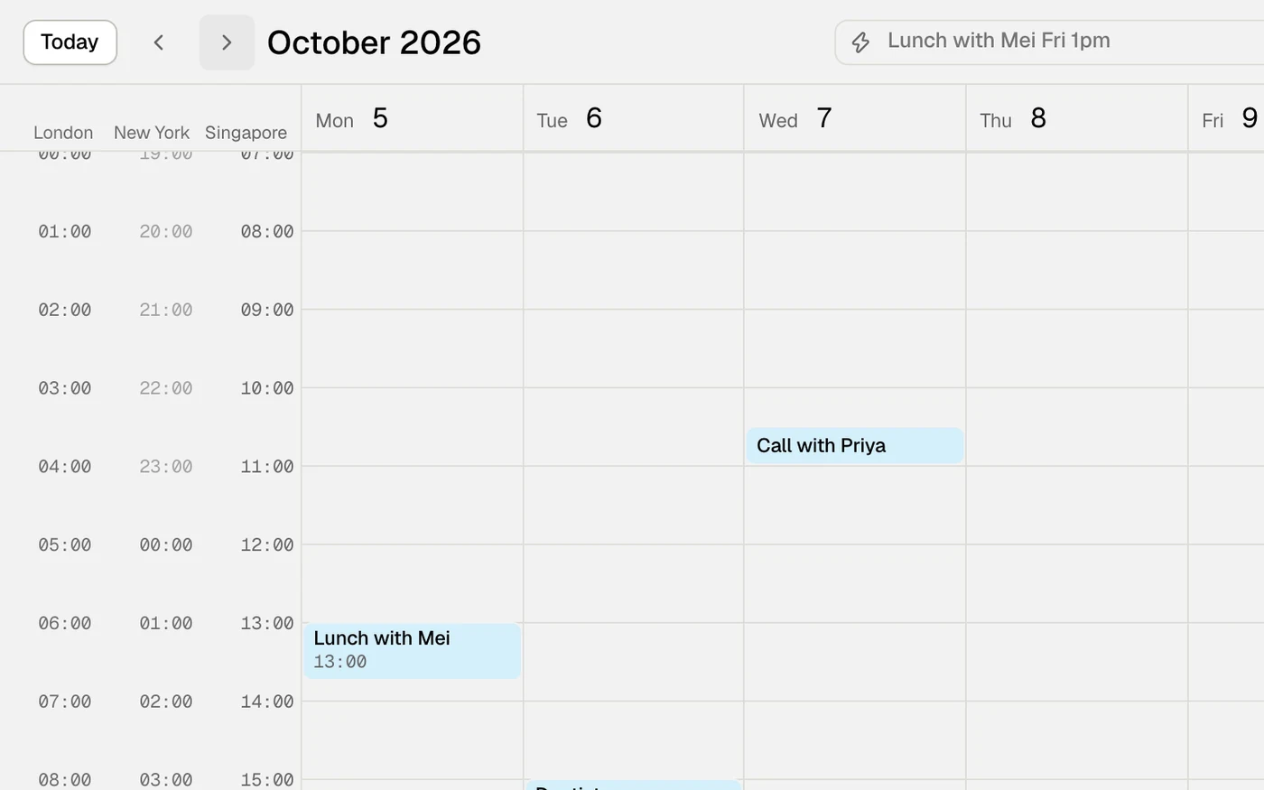 The week view with three time gutters beside the grid — London, New York and Singapore — and the week’s events.